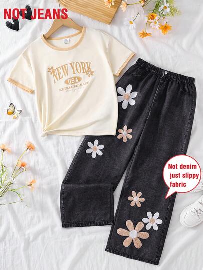 2pcs/Set Girls Floral Print Short Sleeve Knit T-Shirt & Denim-Effect Wide Leg Pants Set, Children Fashion Versatile Letter Print Outdoor Top & Trousers, Teenager Holiday Outfit