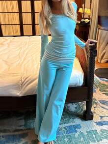 Y2k Fold Over Yoga Pants For Women Low Rise Straight Leg Sweatpants Striped Stretchy Loose Gym Lounge Leggings Flared Pants Streetwear - Màu xanh lam - Xem 6