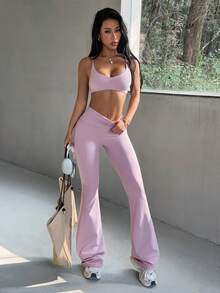 Bộ đồ thể thao nữ mùa hè màu trơn Aoqta gồm 2 mảnh, áo crop top không tay ôm sát, hở lưng gợi cảm, cổ chữ V sâu và quần ống loe cạp cao ôm dáng, trang phục tối giản cơ bản phù hợp cho yoga, chạy bộ, tập luyện và mặc hàng ngày. - Màu tím hoa cà - Xem 3