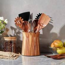 360 Degree Rotating Wooden Farmhouse Style Trapezoid Tableware Storage Rack, Smooth Surface Utensil Organizer - Multicolor - View 7