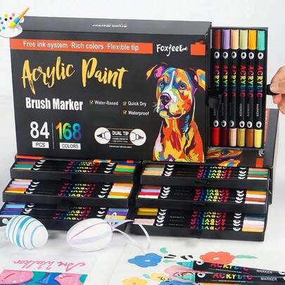 1pc 96/120/168 Colors Dual Tip Acrylic Marker Pens, Premium Acrylic Paint Markers, Suitable For Wood, Canvas, Stone, Rock Painting, Glass, Ceramic Surface, DIY Crafts, Art Supplies, Student Fine Art Drawing Markers