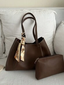 2026 Spring New Arrival High-End Fashion Pleated Large Capacity Tote Bag With Scarf, Luxury Versatile Shoulder Handbag - Coffee Brown - View 12