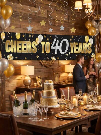 1 件“Cheers To Years”生日横幅，黑金闪光印花大号布艺挂旗，防水生日装饰，适用于庭院、门廊、室内/室外派对，30/40/50/60/70 岁