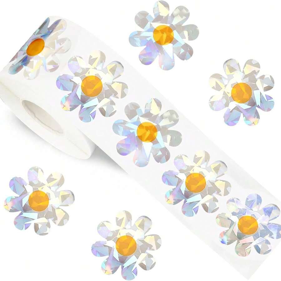 500 etiquetas de láser con diseño de margarita de 1.5 pulgadas, etiquetas de margarita blanca para embalaje de regalos, pegatinas DIY - Multicolor - Ver 1