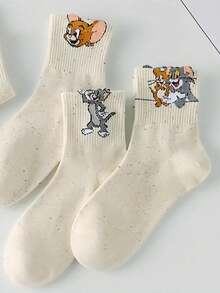 5 Pairs Women's Socks - Warner Bros Cartoon Cat & Mouse Animal Pattern, Made Of Polka Dot Mesh Fabric, Breathable & Moisture-Wicking, Suitable For Couples, Autumn/Winter, Everyday Wear - Multicolor - View 5