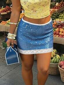 Women's Plus Size Mini Skirt Casual Stylish Sequined Lace Trim Mid Rise Short Skirt for Summer - Azul - Ver 2