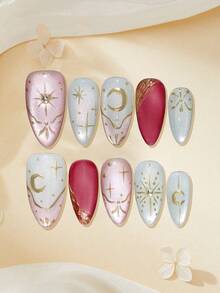 10pcs Handmade Nail Art Stickers, DIY French Manicure Set, Medium Almond-Shaped Nail Strips, Embedded 3D Sparkling Rhinestones, Golden Starry Sky Design, Classic Full Coverage Style, Reusable, Suitable For Women And Fashionable Girls For Dates, Parties. Daily Manicure Supplies, Girl Gifts, Holiday Party Gifts, Manicure Set, Nail Art, Nail Supplies, Holiday Travel Matching. Nail Art DIY, Nail Supplies. Nails - Multicolor - View 2