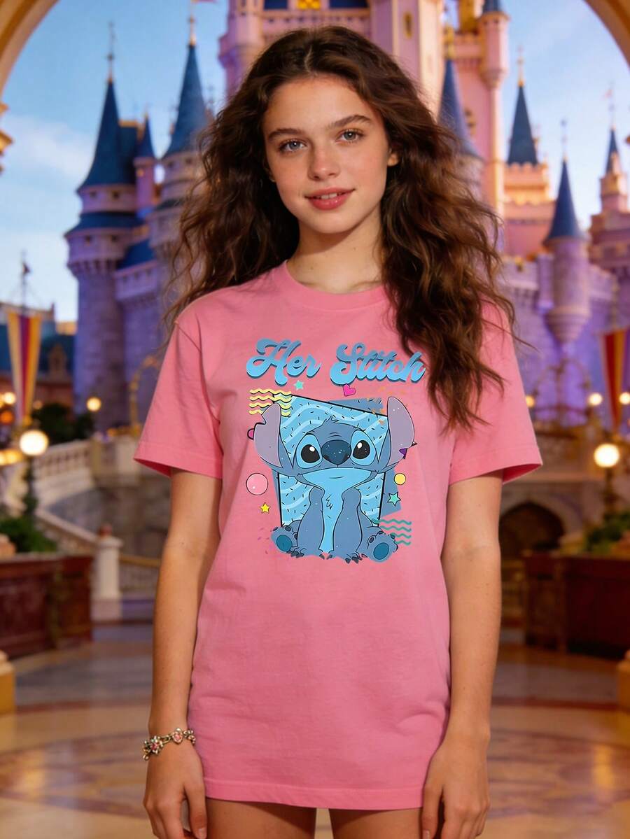 Disney Authorized Women's Casual Short Sleeve T-Shirt, Lilo & Stitch "Her Stitch" Retro Print, Fun Cute Style, Breathable Comfortable Fabric, Machine Washable, All-Match For Multiple Scenarios - 粉色 - 查看 1
