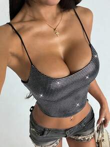 女士吊带背心，情人节，休闲夏季上衣，Y2K风格 - 銀色 - 查看 4
