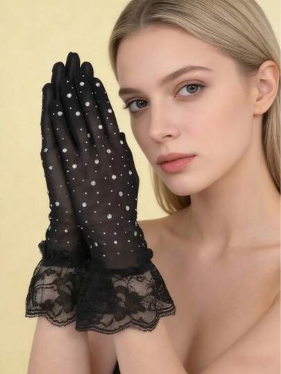 1 Pair Black Lace Trim Elastic Sheer Rhinestone Gloves, Breathable Summer Sun Protection Gloves Suitable For Ball Gowns And Evening Dresses