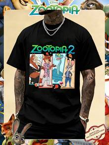 Disney Official Licensed Zootopia 2 Character Comic Strip Print 220g Cotton Crew Neck Unisex Tee - 黑色 - 查看 1