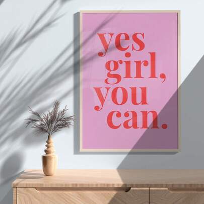 لوحة جدارية واحدة بعنوان "نعم أنت تستطيعين" مطبوعة على قماش، تحتوي على عبارات تحفيزية وإيجابية بطباعة وردية، ديكور مناسب لغرفة النوم والمعيشة والشقة وغرفة السكن الجامعي، هدية مناسبة للفتيات بدون إطار