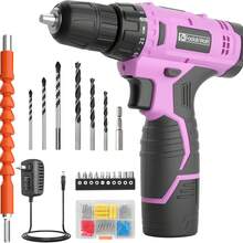 FADAKWALT Cordless Lithium-Ion Drill Set, 12V Electric Drill Set, Pink Electric Drill With Battery And Charger, 3/8-Inch Keyless Chuck With 21+1 Torque Gear Setting, Suitable For Women's Gardening DIY Projects, Home Decoration Maintenance And Other Electric Tool Sets - Xem 1