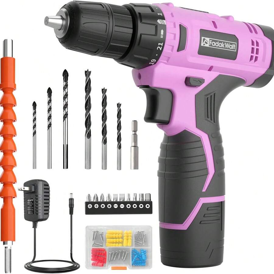 FADAKWALT Cordless Lithium-Ion Drill Set, 12V Electric Drill Set, Pink Electric Drill With Battery And Charger, 3/8-Inch Keyless Chuck With 21+1 Torque Gear Setting, Suitable For Women's Gardening DIY Projects, Home Decoration Maintenance And Other Electric Tool Sets - Xem 1