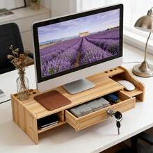 Soporte de monitor de madera, estantería de almacenamiento de doble capa, organizador de escritorio multifuncional con cajón con cerradura, soporte ergonómico para computadora con ranura para teléfono y caja de almacenamiento, administrador de computadora de escritorio, portátil, suministros de oficina, ideal para oficina en casa - Cajón con cerradura - Ver 4