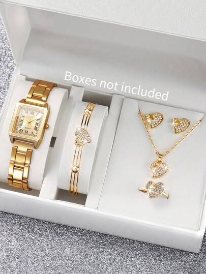 6件套女士礼品套装：方形罗马数字表盘石英表+心形水钻首饰套装（套装不含手表）