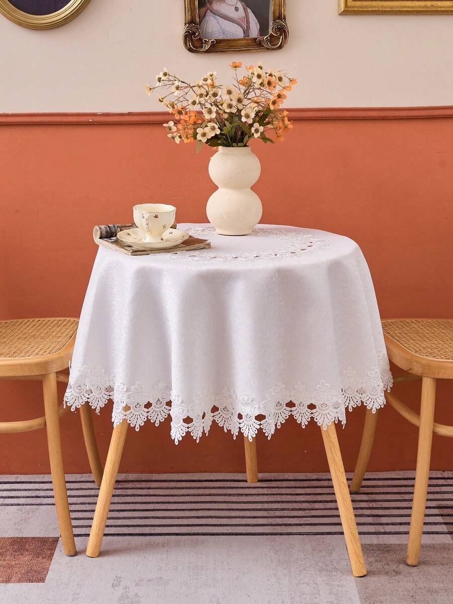 1件极简白色圆形涤纶刺绣桌布 - 白色 - 查看 1