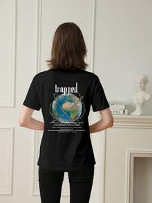 2026夏季新款女式圆领休闲宽松地球日英文印花双面图案街头百搭短袖T恤，1件装 - 黑色 - 查看 4