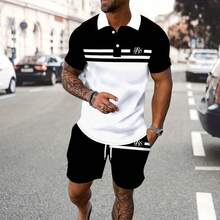 男士撞色条纹字母印花户外运动休闲Polo衫短裤套装，透气上衣短裤套装 - 彩色 - 查看 4