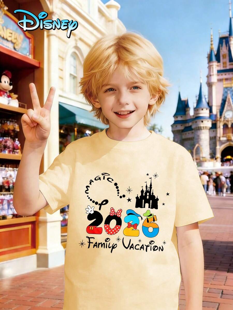 Printed With Disney Mickey Mouse 2026 Pattern, Disney Officially Authorized High-Quality Children's T-Shirts, Perfect Gifts, Fashionable Casual Clothes, Children's Wear Boys, Boys' Gifts, Four Seasons, Creative And Personalized T-Shirts. - 杏色 - 查看 1