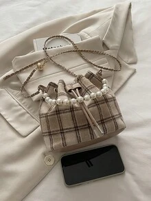 迷你水桶包、格子珍珠手提包、单肩斜挎包、多功能链条包 - 卡其色 - 查看 7