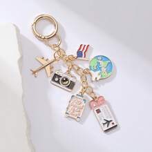 Alloy Oil Drop Keychain Set For Travel Lovers, Airplane, Globe, Camera, Suitcase Charms Combination, Creative World Tour Theme Car Key Chain, Great Gift For Holidays - Multicolor - View 4