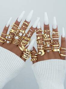 Bộ 45 chiếc nhẫn kim loại đơn giản, thời trang, hình học, đính ngọc trai giả, hình trái tim, bướm, đá pha lê, hình rắn, quà tặng cho phụ nữ, chị em gái, các cặp đôi, dịp nghỉ lễ, hẹn hò, đám cưới, đeo hàng ngày, quà tặng cho mẹ, bạn bè. - Vàng - Xem 2