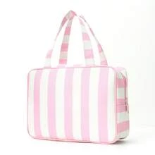 1个条纹化妆包，双色条纹洗漱包，简约多功能收纳包，拉链大开口便携旅行包。这款化妆包可收纳化妆品、口红、卫生巾、化妆刷、零钱、钥匙、耳机、耳塞、耳机线及其他配件。这款化妆包兼旅行收纳包适合女性和女孩使用。 - 彩色 - 查看 11