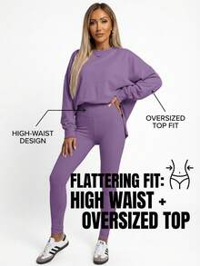 Women's 2 Piece Loungewear Set - Soft Ribbed Oversized Sweatshirt & High Waist Leggings-Ultra Soft Pajama Set For Women  - Casual Tracksuit For Airport Outfit & Lounging-Cozy Matching Outfit For Travel Yoga Home - 紫色 - 查看 6