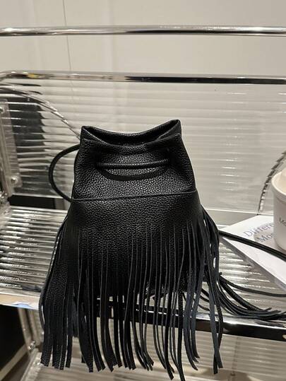 1pc Girl's Tassel Solid Color PU Magnetic Shoulder Bag, Suitable For Spring/Summer Daily Use