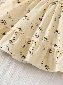 Bộ 2 món váy in hình ong cho bé gái, kèm dây buộc nơ và băng đô, trang phục mùa hè. - Vàng - Xem 4