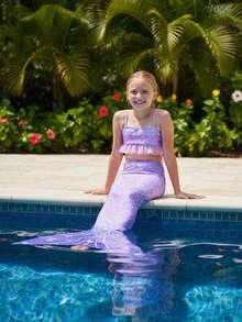 Children Girls Tankini Swimsuit 3 Piece Mermaid Bathing Suit Kids Ruffle Top With Shorts Fish Tail Bikini Set Swimwear 1-14Y - B - 查看 1