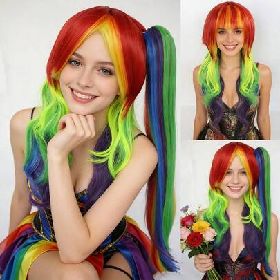 Rainbow Cosplay Wig With Bangs For Women - Long Wavy & Pigtail Styles, Red-Yellow-Green-Blue-Purple Ombre Synthetic Hair With Bangs, Heat Resistant Fiber For Anime Cosplay, Holiday Costumes, Comic Con, Festival Parties & Daily Fashion