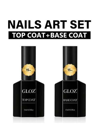 GLOZ 2瓶15毫升指甲油套装，包含底油和免擦拭亮油，透明可卸UV/LED灯烘干，持久亮泽，女士美甲美甲沙龙品质，美甲礼品套装