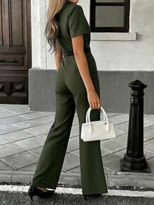 Women's Elegant Casual Outfit With Design Sense, V-Neck T-Shirt + High Waist Straight Leg Pants, Suitable For Daily Commute And Outings, Spring/Summer 2-Piece Set - Green - View 2