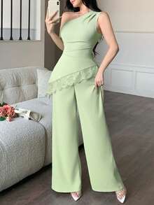 abyoxi Bộ đồ nữ màu xanh lá cây nhạt, không tay, lệch vai, xếp ly eo, phối ren vạt bất đối xứng và quần ống rộng, gợi cảm và thanh lịch, thích hợp đi làm, đi chơi hàng ngày, dự tiệc tối trang trọng, hẹn hò, dự tiệc, ngày Valentine, áo ôm sát và quần dài, trang phục mùa xuân hè. - Hạt đậu xanh - Xem 5