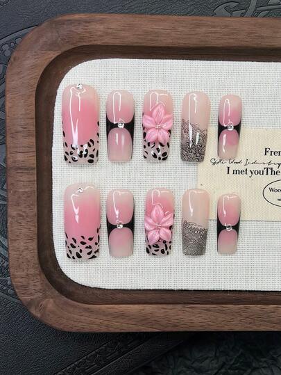 10pcs Y2K Nails Pipe-Shaped Press On Nails Set - Handcrafted, Pink Nails, Black Nails, Black Polka Dot French Tip Nails, Handmade 3D Flower, 3D Pink Flowers Nails Art, Hand Drawn Black Lace And Black Polka Dot Design, Hand Drawn Pink Gradient Nails, Sparkling Rhinestone Decoration, Delicate Graceful Nails Handmade Press On Nails