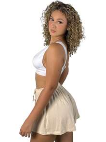 Women's Loose Fit High-Waisted Shorts - New Viscose/Lycra Knit - Brisa - Light Beige - View 2