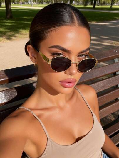 1pc Oval Copper Full Frame Tinted Lens Vintage Never Outdated Perfect Classic Fashion Eyeglasses,For Women-Tropical Beach Vacay,Golf,Driving,Vacay Vibes Fashion Accessories