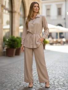 Women's Premium Sensorial Set: Long-Sleeved Blouse With Buttons And Wide-Leg Pants With Elastic Waistband - Elegant, Party, Casual, Office, Autumn/Winter - 米色 - 查看 3