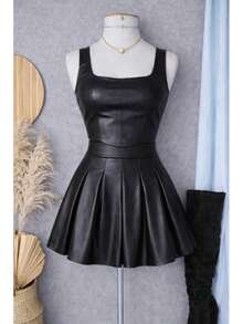 Women's PU Leather Cropped Top + High-Waisted Full Skirt Set, Fashionable For Bloggers, Parties, Casual, Elegant, PU Leather, Pleated, Zipper, Evening, Formal And Nighttime, Dating, Vacation, Autumn, Winter - 黑色 - 查看 3