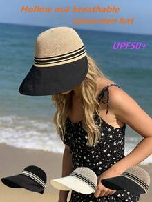 1顶女士镂空透气遮阳帽，大帽檐沙滩旅行防晒渔夫帽，适合日常佩戴、户外活动、海滩、旅行 - 彩色 - 查看 4