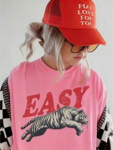 Easy Tiger Shirt Retro Boho Tee Unisex Aesthetic Shirt Graphic Tee Y2k Woman Teen Girls Tee Crew Neck Cool Summer Shirt Short Sleeve Top,Animal Fruite Pet Pattern, Women Graphic-Shirt, Fashion 2026,Gifts, Women's Clothing, Cartoon And Letter Printing, Comfortable Cotton Material, Skin Friendly, Soft And Cool, Spring Summer Women's-Shirt Clothing - 粉色 - 查看 3