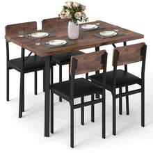 COSTWAY 5-Piece Dining Table Set For 4 People, Industrial Kitchen Table & 4 PU Leather Upholstered Chairs With Metal Leg, Padded Seat, Space-Saving Dinette Set For Small Room Apartment Breakfast Nook, Brown - Brown - View 1