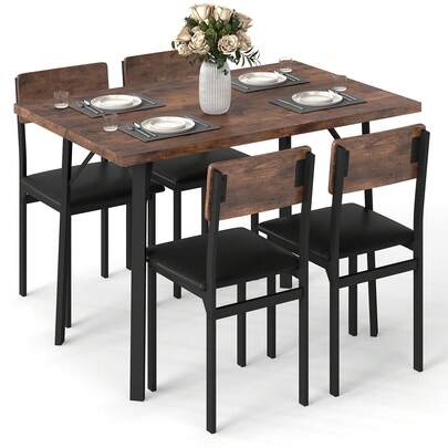  COSTWAY 5-Piece Dining Table Set For 4 People, Industrial Kitchen Table & 4 PU Leather Upholstered Chairs With Metal Leg, Padded Seat, Space-Saving Dinette Set For Small Room Apartment Breakfast Nook, Brown