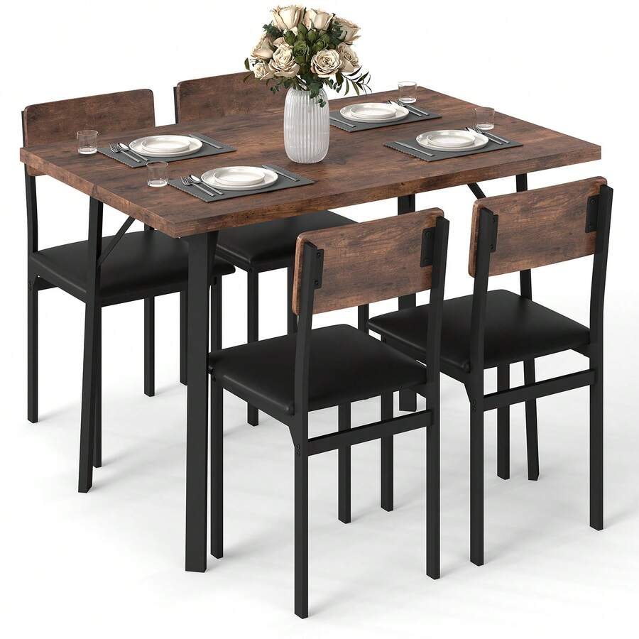 COSTWAY 5-Piece Dining Table Set For 4 People, Industrial Kitchen Table & 4 PU Leather Upholstered Chairs With Metal Leg, Padded Seat, Space-Saving Dinette Set For Small Room Apartment Breakfast Nook, Brown - Brown - View 1