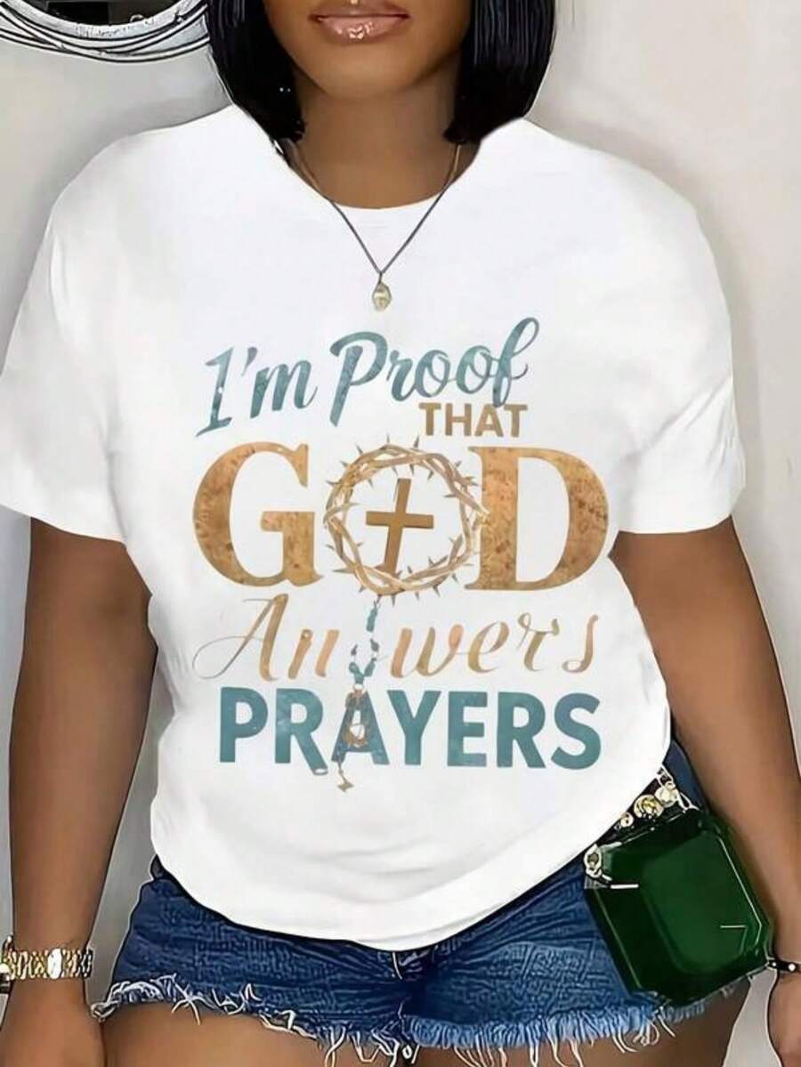 I Am Proof That God Answers Prayers Christian Faith Statement Shirt For Women Religious Inspiration Wear Spiritual Message Top - White - View 1
