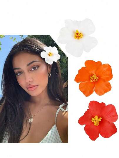 3pcs/1pc 3.54in/9cm Women's Summer Artificial Hawaiian White & Red Flower Hair Clips, Fashion Versatile High-End Elegant Minimalist Solid Color Alligator Clip Bangs/Hair Accessories, Suitable For Daily Outing, Casual, Party, Commute, Beach Holiday, Hairstyle, Outfit Matching Claw Clips Hair Claws Hair Barrettes, School Stuff, College, New Years, Festival Outfits, Head Accessories