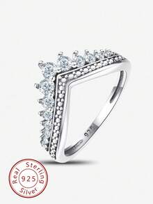 1pc Elegant V-Shaped Zirconia Stackable Ring, 925 Sterling Silver, Exquisite Jewelry, Holiday/Birthday Gift, Suitable For Women's Daily Wear And Dates - V-shaped Crown Small Heart Ring - View 1