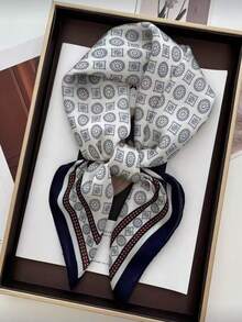 1条70*70厘米方形真丝围巾，新款春夏时尚印花头巾，可作领巾、披肩、发带、腰带，女士适用 - 黑灰 - 查看 1